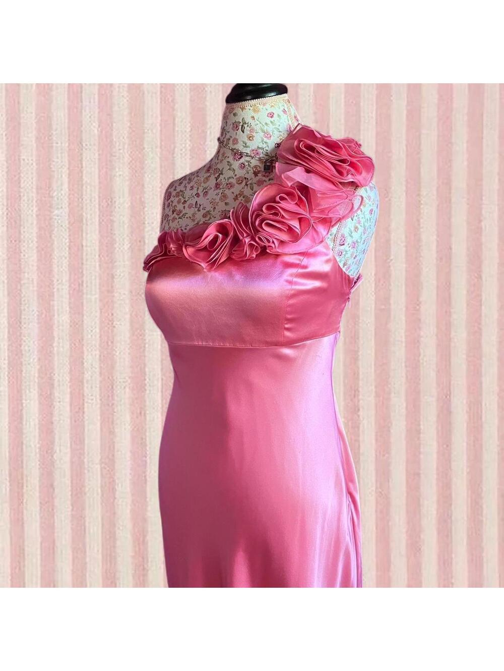 silk pink floor length dress with floral ruffles - Picture 6 of 8